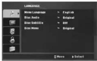 LANGUAGE Menu Language Disc Audio Disc Subtitle Subo Menu English Original Off Original Move > Select