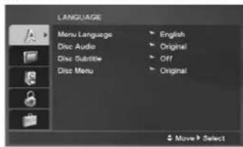 LANGUAGE Menu Language Disc Audio Disc Subtitle Disc Menu English Original Off Original Move > Select