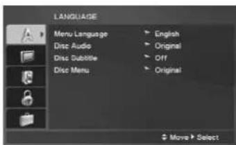 LANGUAGE Menu Language Disc Audio Disc Subtitle Disc Menu English Original Off Original Move Select
