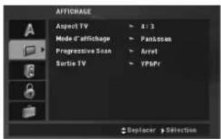 AFFICHAGE Aspect TV Mode d'affichage Progressive Scan Sortie TV A: 3 Panitspan Arvet YPbPr Replacer > Selection