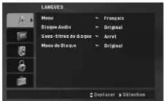 LANGUES Menu Disque Audio Sous-titres du disque Menu de Disque Français Original Arrvt Original Deplacer > Séfertien