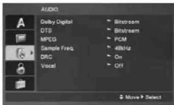 AUDIO Dolby Digital DTS MPEG Sample Freq. DRC Vocal Bitstream Bitstream PCM 4kHz On Off Move Select