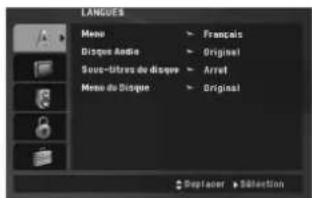 LANGUES Menu > Français Disque Audio > Original Sous-litres de disque > Arret Menu du Disque > Original Explorer > Selection