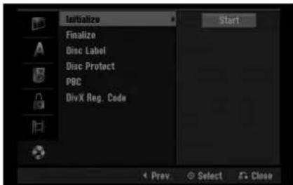 Initialize Finalize Disc Label Disc Protect PBC DivX Reg. Code Start Prev Select Close