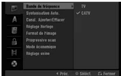 Bande de fréquence Symtonisation Auto. Canal. Ajouter/Effacer Réglage Horlage Format de l'image Progressive scan Mode économique Réglage usine TV ✓ CATV Préc. © Sèlect. ⚡ Former