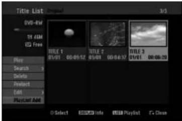 Title List 3/3 DVD-4W 19:00M ED Free Play Search Delete Project Edit PlayList Add TITLE 1 01/01 00:01:52 TITLE 2 01/01 00:06:37 TITLE 3 01/01 00:08:20 Select INFO Playlist Clean