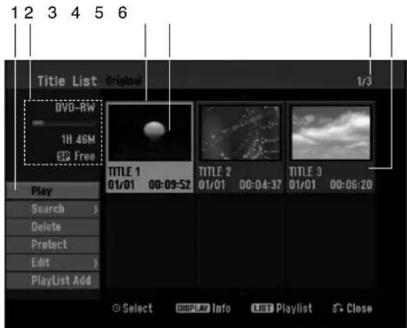 1 2 3 4 5 6 Title List Original 1/3 DVD-RW 1H 46M SP Free TITLE 1 01/01 00:09:52 TITLE 2 01/01 00:04:37 TITLE 3 01/01 00:06:20 Play Search > Delete Protect Edit > PlayList Add Select DISPLAY Info EDIT Playlist Close
