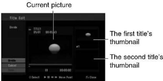 Current picture Title Edit Stride TITLE1 01/01 00:00:43 a1 Stride Cancel II 00:00:00 © Select >> Have Point Go Close The first title's thumbnail The second title's thumbnail
