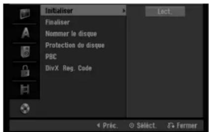 Initialiser Finaliser Nommer le disque Protection du disque PBC DivX Reg. Code Lect. Péc. Sèlect. Fermer