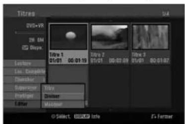 Titres V4 DV5+VR TW 0M CG Displays Title 1 01/01 00:01:19 Title 2 01/01 00:01:09 Title 3 01/01 00:01:07 Lecture Loc. Complete Checker Superiorer Title Prodigor Driver Editor Maker