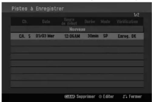 Pistes à Enregistrer 1/2 Ch. Date I###re de début Durée Mode Vérification Nouveau CA. 5 01/03 Mer 12:06AM 30min SP Enreg. OK CLEAR Supprimer © Reader & Fermer