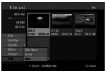 Title List DVD+4M DH 3SM EG Free Title1 01/01 60:05:43 Title2 01/01 00:02:11 Title3 01/01 00:12:48 Play Full Play Search Delete Title Name Protect Verse Edit Mate Select Info G Close