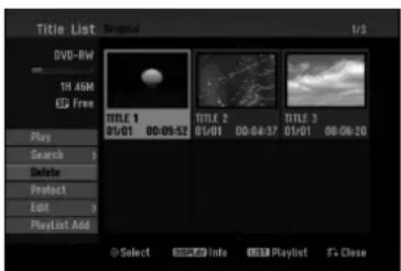 Title List DVO-RW 1H ASM Free Play Search Delete Protect Edit Playlist Add Select Info Playlist Fx Close TITLE 1 01/01 00:09:52 TITLE 2 01/01 00:04:37 TITLE 3 01/01 00:06:20