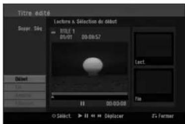 Titre edité Soyer Sise Lecture s. Sélection de début TITLE 1 00/01 00:08:57 Dialvel Tie Amerine Fibber 00:00:00 Select > 00 >> Displacer S+ Former