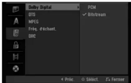 Delby Digital DTS MPEG Fréq. d'échant. DRC PCM ✓ Bitstream Préc. ○ SÉLÉCT. ● Fermer