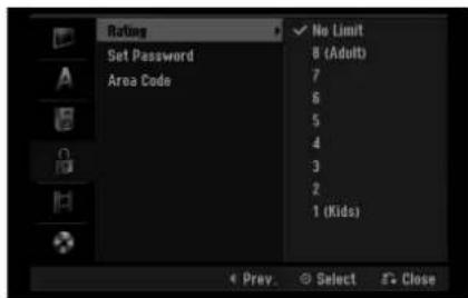 Rating Set Password Area Code ✓ No Limit 0 (Adult) 7 6 5 4 3 2 1 (Kids) Prev. Select Close