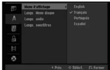 Menu d'affichage Langu. Menu disque Langu. audio Langu. soustitres English ✓ Français Português Español Préc. © Séléct. ↗ Former