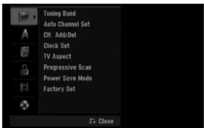 Tuning Band Auto Channel Set CH. Add/Del Clock Set TV Aspect Progressive Scan Power Save Mode Factory Set Close