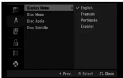 Display Menu Disc Menu Disc Audio Disc Subtitle English Français Portugues Español Prev. Select Close