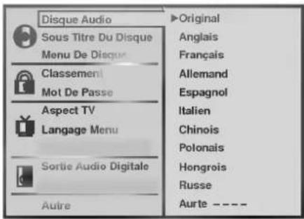 Disque Audio Sous Titre Du Disque Menu De Disque Classement Mot De Passe Aspect TV Langage Menu Sortie Audio Digitale Autre Original Anglais Français Allemand Espagnol Italien Chinois Polonais Hongrois Russe Aurte ----