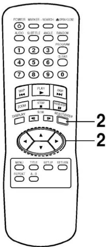 POWER MARKER - SEARCH ▲OPEN/LOKE AUDIO SUBTITLE ANGLE RANDOM PROGRAM 1 2 3 CLEAR 4 5 6 7 8 9 0 SKIP PLAY STOP ZOOM STOP PUSH RISP DISPLAY SLOW SELECT/RDER 2 2 MENU TITLE SETUP RETURN REPEAT A-B
