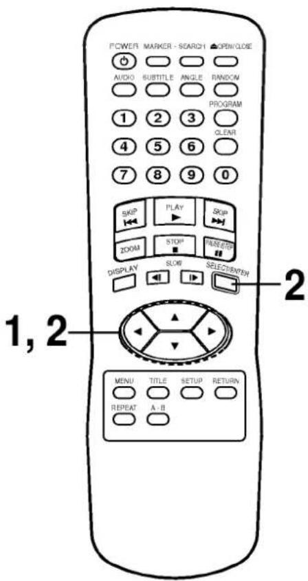 POWER MARKER - SEARCH ▲OPEN/CLOSE AUDIO SUBTITLE ANGLE RANDOM PROGRAM 1 2 3 CLEAR 4 5 6 7 8 9 0 SKIP PLAY SKIP ZOOM STOP SELECTOR DISPLAY SLOW SELECTOR 1, 2 MENU TITLE SETUP RETURN REPEAT A-B