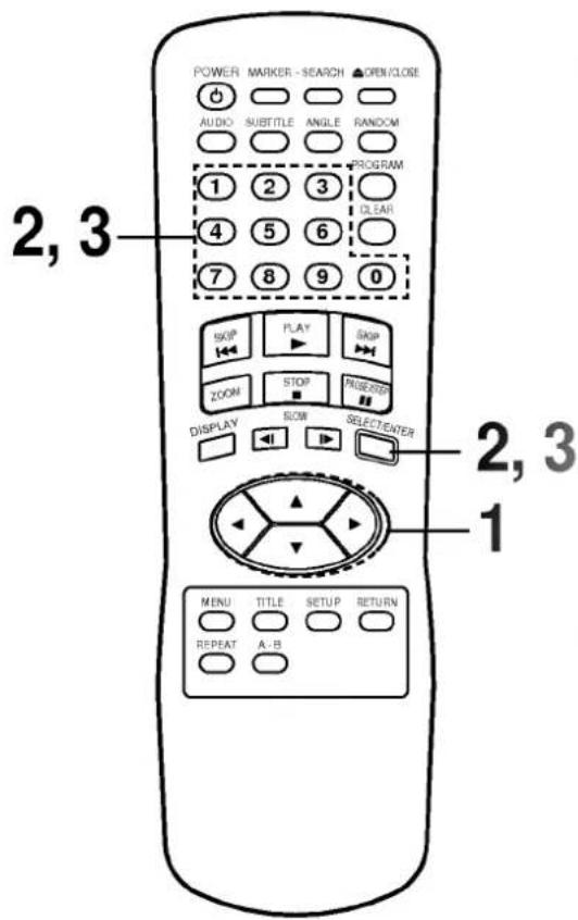 POWER MARKER - SEARCH ▲ OPEN/CLOSE AUDIO SUBTITLE ANGLE RANDOM PROGRAM 1 2 3 CLEAR 4 5 6 7 8 9 0 SKIP PLAY SKIP ZOOM STOP NUSB/STOP DISPLAY SLOW SELECT/ENTER 2, 3 1 MENU TITLE SETUP RETURN REPEAT A-B