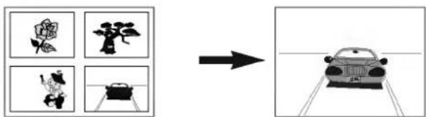 Diagram showing four flower images and a car on a road, with an arrow indicating direction.