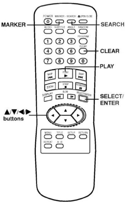 POWER MARKER - SEARCH ▲OPEN/CLOSE AUDIO SUBTITLE ANGLE RANDOM PROGRAM 1 2 3 CLEAR 4 5 6 - 7 8 9 0 SEARCH CLEAR PLAY SKIP PLAY SKIP ZOOM STOP PAUSE/STEP DISPLAY SLOW SELECT/ENTER ▲/▼/◄► buttons MENU TITLE SETUP RETURN REPEAT A-B