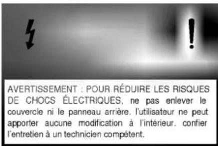 AVERTISSEMENT : POUR RÉDUIRE LES RISQUES DE CHOCS ÉLECTRIQUES, ne pas enlever le couvercle ni le panneau arrière. l'utilisateur ne peut apporter aucune modification à l'intérieur. confier l'entretien à un technicien compétent.