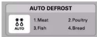 AUTO DEFROST *** 1. Meat 2. Poultry *** 3. Fish 4. Bread AUTO