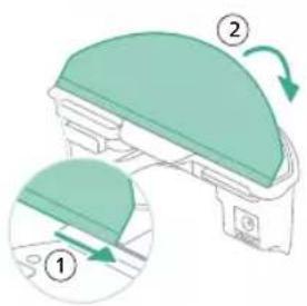 Diagram showing a device with two labeled parts (① and ②) indicating a process or operation, including a magnified view of the component.