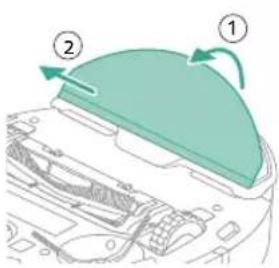 Diagram showing a device's top view with labeled parts ① and ②, indicating directional or mechanical components.