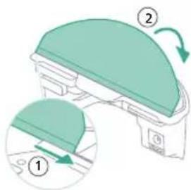 Diagram showing a device with two labeled parts (① and ②) indicating a process or operation, with arrows indicating rotation.