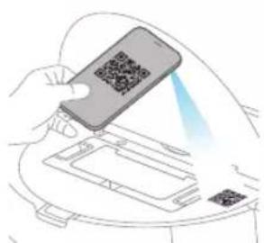 Diagram showing a hand scanning a QR code on a device, with a blue light beam indicating the scanning process.