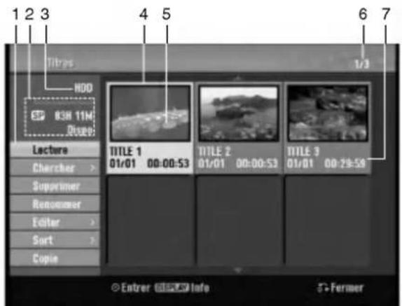 1 2 3 4 5 6 7 Titras HDD 83H 11M Dissos: Lecture Charcher > Supprimer Renommer Editor > Sort > Copie TITLE 1 01/01 00:00:53 TITLE 2 01/01 00:00:53 TITLE 3 01/01 00:29:58 © Entrer Info →Fermer