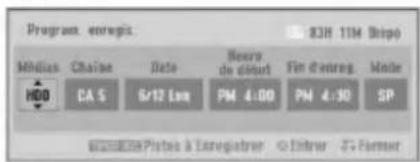 Programs enregis Médias Chaîne Date Bours de césult Fin d'enreg Mode HDD CA 5 6/17 Em PM 4:00 PM 4:30 SP Platé à l'arégière : Entrer 5-Fernier