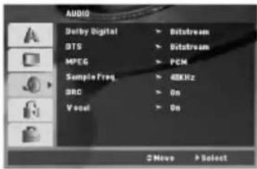 AUDIO Delby Digital > Bitstream BTS > Bitstream MPEG > PCM Sample Freq > 48KHz SRC > On Vocal > On ©Move > Select