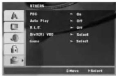 OTHERS PBC Auto Play B.L.E. DivX(R) VDD Game On ON ON Select Select Move Select