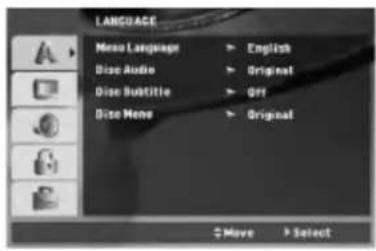 LANGUAGE Memo Language ▶ English Disc Audio ▶ Original Disc Subtitle ▶ Golf Disc Menu ▶ Original Move ▶ Select