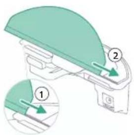 Diagram showing a device with labeled parts and directional arrows, likely illustrating a mechanical or electrical component.