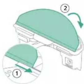 Diagram showing a device with two labeled parts (① and ②) indicating a process or assembly step.