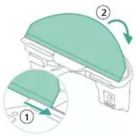 Diagram showing a device with two labeled parts (① and ②) indicating a process or operation, with arrows indicating rotation.