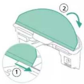 Diagram showing a device with two labeled parts (① and ②) indicating a process or operation, with arrows indicating rotation.