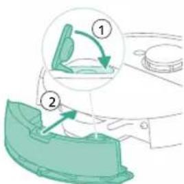 Diagram showing two steps of a device or cleaning process, labeled ① and ②, with arrows indicating the step.