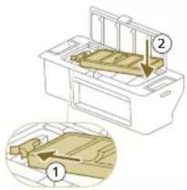 Diagram showing a printer with labeled parts and a magnified view of the internal structure, likely illustrating a printing or assembly process.