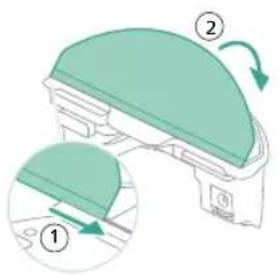 Diagram showing a device with two labeled parts (① and ②) and directional arrows indicating rotation or movement.