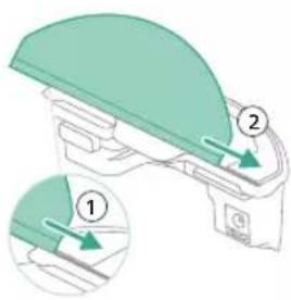 Diagram showing a mechanical component with numbered parts and directional arrows, likely illustrating a process or assembly.