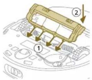 Diagram of a vehicle engine compartment with numbered parts and directional arrows indicating assembly or movement.