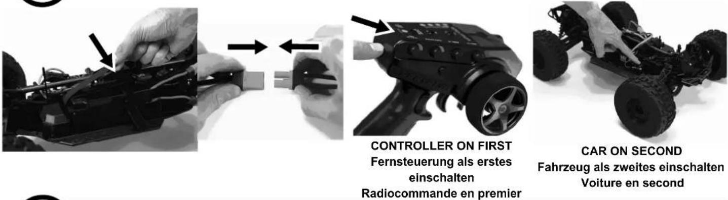 CONTROLLER ON FIRST Fernsteuerung als erstes einschalten Radiocommande en premier CAR ON SECOND Fahrzeug als zweites einschalten Voiture en second